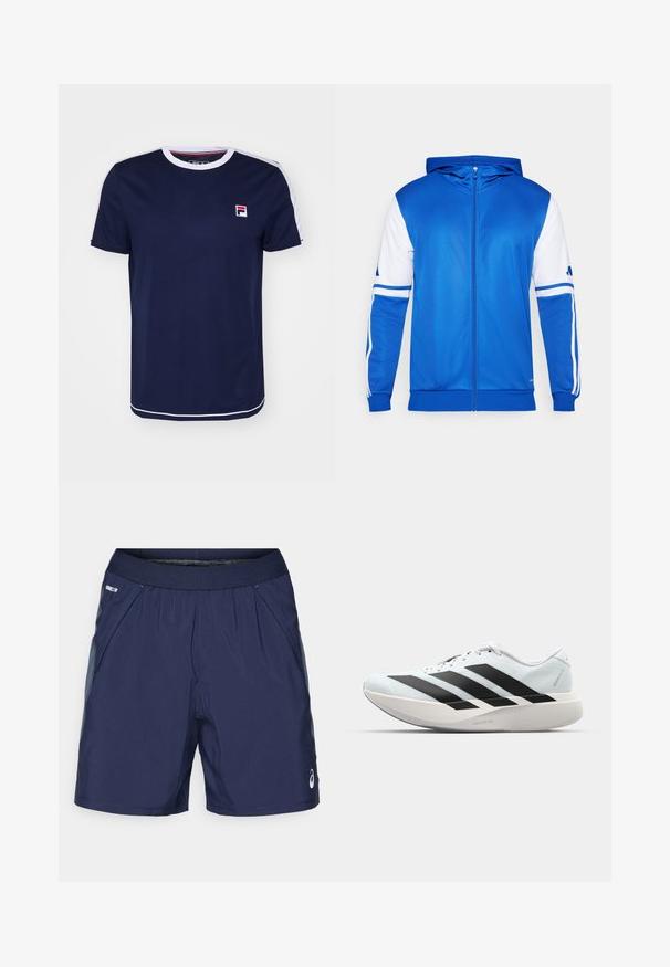 Sinine kapuutsiga spordijakk, millel on valged detailsed varrukatel ja õlgadel, valmistatud siledast ja kergest materjalist.; Tumed sinine lühikeste varrukatega T-särk valge ümar kaelusega, millel on punase ja valge triibulised detailid õlgadel ning logo plaastriga.; Tumedat sinised spordilühikesed püksid elastse vöökohtaga, küljetaskud ja heledashallid aktsendid. Valmistatud kergest ja siledast kangast mugavuse tagamiseks.; Kerged jooksujalatsid helesinises värvuses mustade triipudega. Omavad siledat pealispinda, ümarat varvase osa ja paksu valget vahemõõtu, millel on silt "LIGHTSTRIKE PRO".