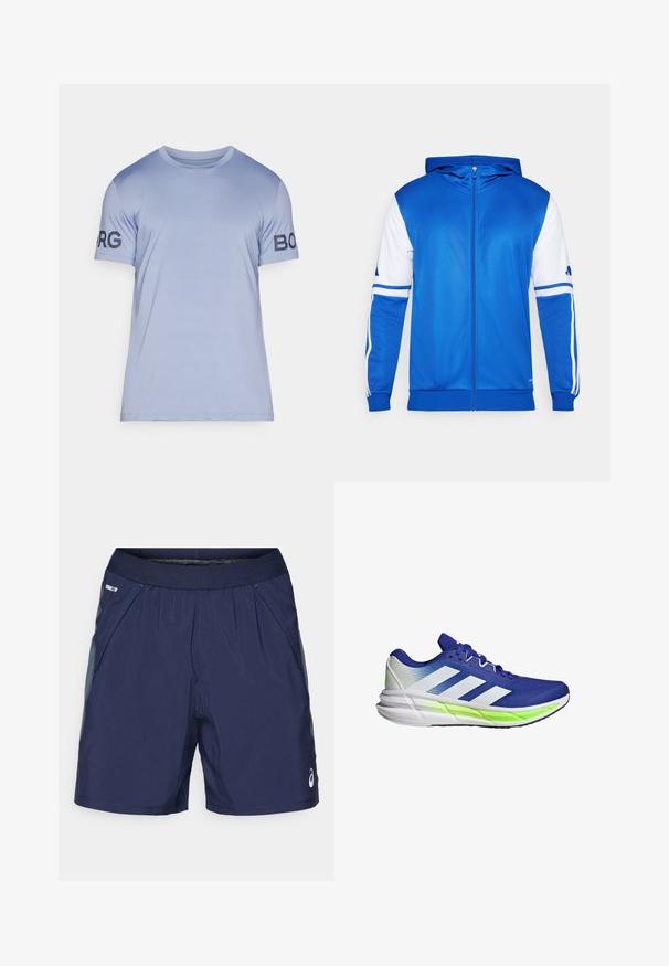 Blå zip-up sportjacka med huva, med vita accenter på ärmar och axlar, tillverkad av ett smidigt, lätt material.; Ljusblå t-shirt gjord av mjukt tyg. Rundhalsad design med korta ärmar. Har "BORG"-logotyp i mörkblått på vänster ärm.; Marineblå träningsshorts med elastisk midja, sidofickor och ljusgrå detaljer. Tillverkade av lätt, mjukt tyg för komfort.; Blå sportskor med vit accent, ovandel i mesh och dämpande sula som framhävs av en neongrön rand. Har en böjd design.