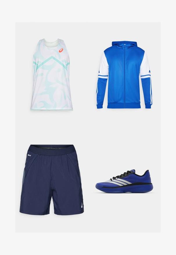 Niebieska sportowa kurtka zapinana na zamek z kapturem, z białymi akcentami na rękawach i ramieniu, wykonana z gładkiego, lekkiego materiału.; Bezramionowy sportowy tank top w białym kolorze z jasnoniebieskimi, abstrakcyjnymi wzorami, z okrągłym dekoltem i pomarańczowym akcentem logo na klatce piersiowej.; Granatowe szorty sportowe z elastycznym pasem, bocznymi kieszeniami i jasnoszarymi akcentami. Wykonane z lekkiego, gładkiego materiału dla maksymalnego komfortu.; adidas Performance ADIZERO SELECT 3.0 niebieski