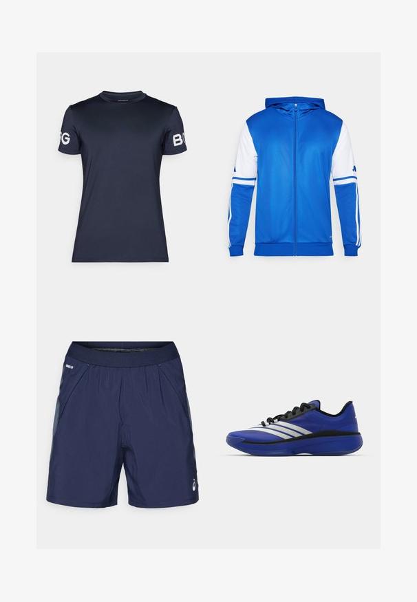 Casaco desportivo azul com fecho éclair e capuz, apresentando detalhes brancos nas mangas e nos ombros, feito de um tecido liso e leve.; T-shirt atlético de manga curta azul-marinho com decote redondo; apresenta detalhes de logotipo brancos em ambas as mangas e uma textura lisa e elástica.; Calções atléticos azul-marinho com cintura elástica, bolsos laterais e detalhes em cinza claro. Feitos de um tecido leve e suave para maior conforto.; adidas Performance ADIZERO SELECT 3.0 - Sapatilhas de basquetebol - lucid blue/core black/metallic