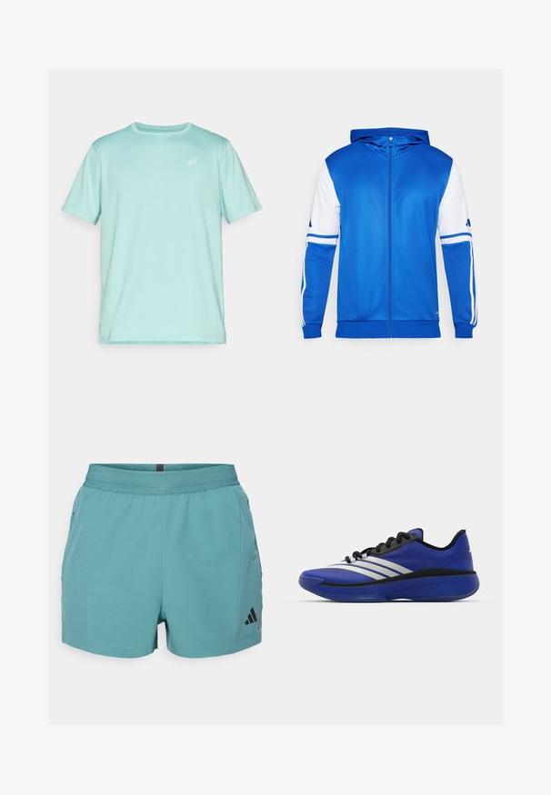 Casaco desportivo azul com fecho éclair e capuz, apresentando detalhes brancos nas mangas e nos ombros, feito de um tecido liso e leve.; ASICS CORE TOP - T-shirt desportiva - green; Calções atléticos em azul-petróleo com uma cintura texturizada, bolsos laterais e o logótipo preto da Adidas no lado inferior direito. Tecido leve.; adidas Performance ADIZERO SELECT 3.0 - Sapatilhas de basquetebol - lucid blue/core black/metallic