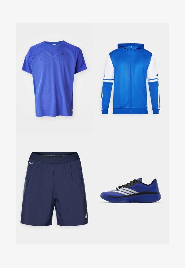 Modra športna jakna z zadrgo in kapuco, ki ima bele poudarke na rokavih in ramenu, narejena je iz gladkega, lahkega materiala.; ASICS MATCH - Športne majice - dark blue; Morsko modri športni kratki hlače z elastičnim pasom, stranskimi žepi in svetlo sivo obrobo. Narejene so iz lahkega, gladkega materiala za udobje.; adidas Performance ADIZERO SELECT 3.0 - Košarkarski copati - lucid blue/core black/metallic