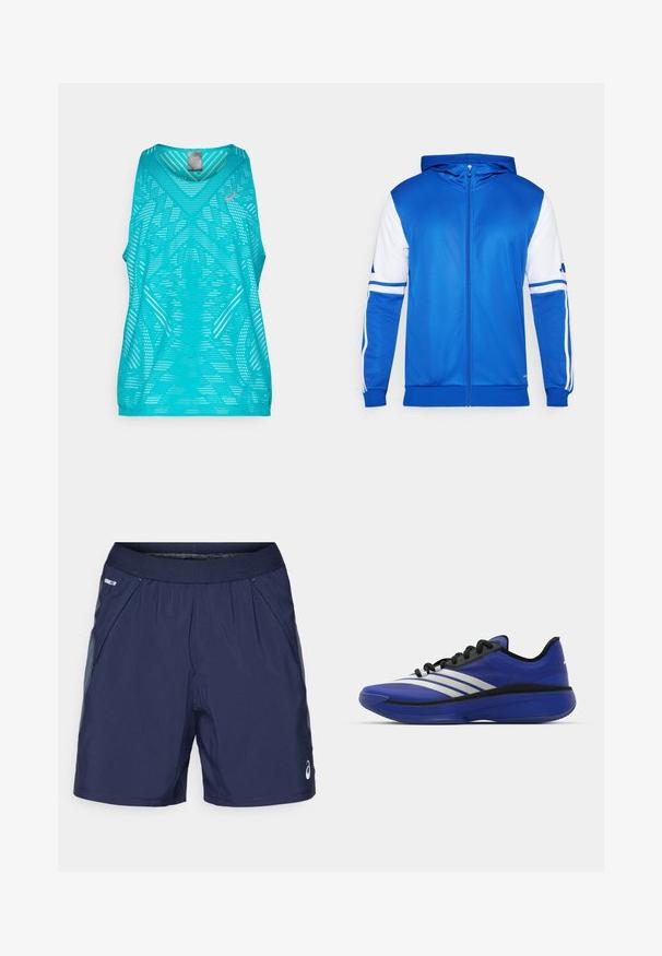 Sinine kapuutsiga spordijakk, millel on valged detailsed varrukatel ja õlgadel, valmistatud siledast ja kergest materjalist.; Kerge türkiissinine lõhikuga tank topp, millel on tekstuurne perforatsioonimuster ja kontrastne logo detail.; Tumedat sinised spordilühikesed püksid elastse vöökohtaga, küljetaskud ja heledashallid aktsendid. Valmistatud kergest ja siledast kangast mugavuse tagamiseks.; adidas Performance ADIZERO SELECT 3.0 - Korvpallijalatsid - lucid blue/core black/metallic