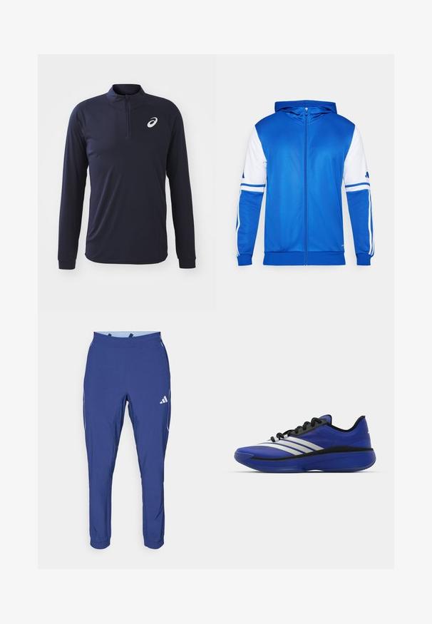 Blue zip-up sports jacket with a hood, featuring white accents on sleeves and shoulder, made of smooth, lightweight fabric.; Navy long-sleeve athletic shirt with a half-zip collar, smooth texture, and a small contrasting logo on the left chest.; adidas Performance TECH APP - Tracksuit bottoms - dark blue/glow blue; adidas Performance ADIZERO SELECT 3.0 - Basketball shoes - lucid blue/core black/metallic