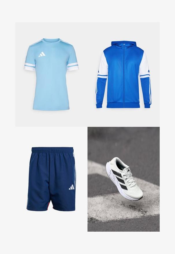 Plava sportska jakna na patent, s kapuljačom, koja ima bijele akcentne detalje na rukavima i ramenima, izrađena je od glatkog, laganog materijala.; Svijetloplava atletska majica s bijelim detaljima, koja ima kratke rukave i tri bijele pruge na ramenima. Izrađena je od prozračnog materijala.; Tamno plave atletske kratke hlače s elastičnom gumicom u struku, bočnim bijelim prugama i malim bijelim logotipom na donjoj lijevoj nozi. Lagani materijal.; Bjela atletska cipela s mrežastim gornjim dijelom s teksturom, crnim prugama, vezanjem na vezice i podstavljenim potplatom, lebdi iznad označene ceste.