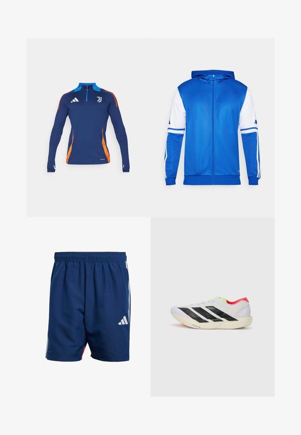 Blue zip-up sports jacket with a hood, featuring white accents on sleeves and shoulder, made of smooth, lightweight fabric.; adidas Performance JUVENTUS TIRO24 COMPETITION - Club wear - team navy blue; Navy blue athletic shorts with an elastic waistband, side white stripes, and a small white logo on the lower left leg. Lightweight material.; White running shoe with black stripes, neon green accents, and a red heel. Features a lightweight design and textured sole for grip.
