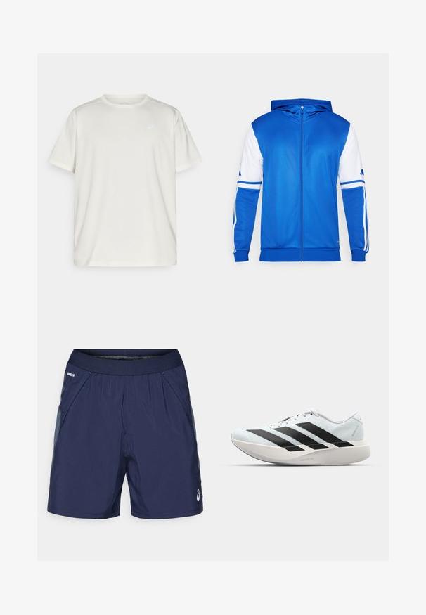 Plava sportska jakna na patent, s kapuljačom, koja ima bijele akcentne detalje na rukavima i ramenima, izrađena je od glatkog, laganog materijala.; Svijetla kratkotrajna majica s kratkim rukavima, izrađena od mekanog materijala, s okruglim izrezom i malim logotipom na lijevoj strani prsnog koša.; Tamne plave atletske kratke hlače s elastičnom pojasom, bočnim džepovima i svijetlosivim detaljima. Izrađene su od lagane, glatke tkanine za udobnost.; Lagane tenisice za trčanje u svijetloplavoj boji s crnim trakama. Imaju glatku gornju površinu, okrugli vrh i debeli bijeli srednji sloj označen "LIGHTSTRIKE PRO."