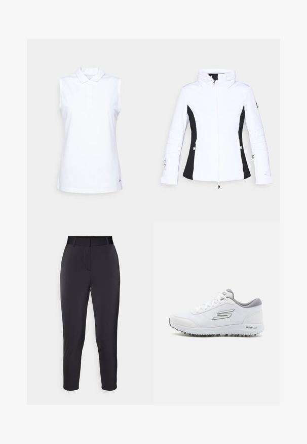Bela jakna s črnimi stranskimi paneli, visokim ovratnikom in zadrgo spredaj. Ima dodatne zadrge na rokavih in detajl logotipa na robu.; Bela brezrokavna polo majica iz bombaža, z označenim ovratnikom, gumbastim zapiranjem in logotipom Nike na spodnji levi strani.; Črne hlače po meri z gladko teksturo, ravnim krojem hlačnic in srednje visokim pasom. Imajo sprednji žep in diskretne detajle šivov.; Bele športne čevlje z teksturirano mrežasto zgornjim delom, srebrnimi poudarki in lahkotnim podplatom, ki ima majhne protisklizne konice, označeni z "ULTRA FLIGHT."