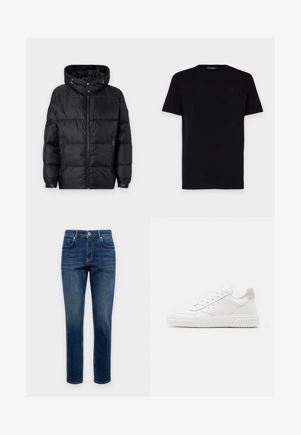 Jachetă pufină neagră cu glugă, design matlasat, închidere cu fermoar frontal și buzunare laterale. Conține detalii din material metalic de culoare argintie și mansete elastice.; Tricou scurt negru din bumbac, cu guler rotund și un logo discret embosat pe partea stângă a pieptului. Textură fină.; Jeans din denim albastru închis cu croială dreaptă, cinci buzunare și un efect de decolorare subtil. Detalii cu un buton metalic și accente de cusătură.; Adidași din piele albă cu un finisaj neted, vârf rotunjit, șireturi plate și o talpă texturată. Accente din piele întoarsă gri la călcâi.