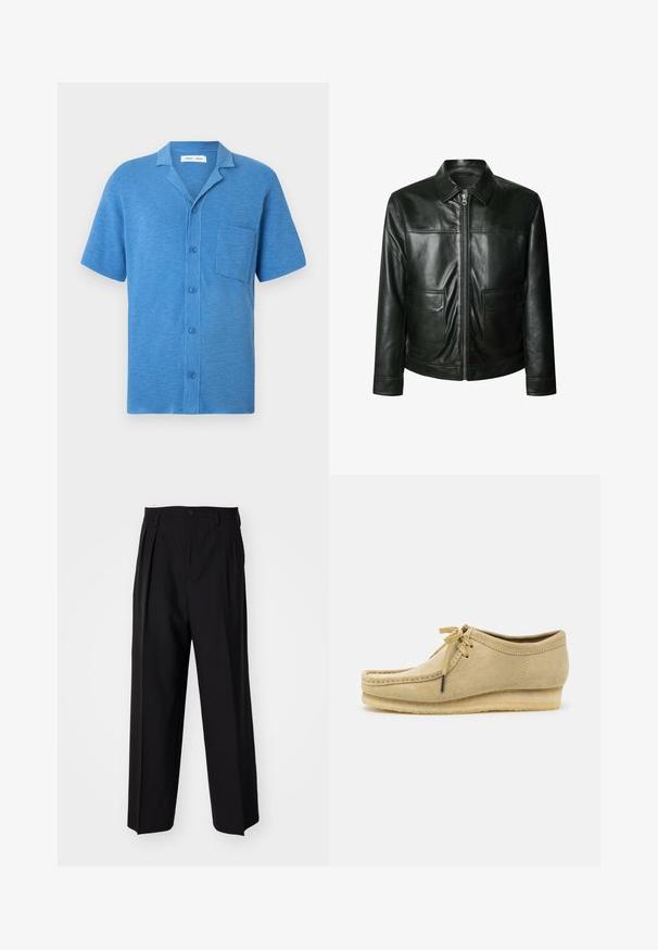 Čierna kožená bunda s uzáverom na zips, dvoma prednými vreckami a tvarovaným golierom. Hladká textúra s viditeľnými švovými detailmi.; Béžový, ribovaný pletený sveter s výstrihom do V a dlhými rukávmi. Má voľný strih a textúrovanú tkaninu pre zvýšené teplo a pohodlie.; Modrá košeľa s krátkym rukávom na gombíky, vyrobená z textúrovaného materiálu. Má výrezový golier a náprsné vrecko.; Biele tričko s krátkym rukávom z bavlny, s okrúhlym výstrihom a voľným strihom. Tkanina má hladkú, rovnomernú textúru.; Čierne skladané nohavice s rovnom, širokým strihom. Vyrobené z hladkého materiálu, s gombíkovým zapínaním a pútkami na opasok.; Bežové semišové topánky s dizajnom na šnurovanie, prešívaním a gumovou podrážkou. Tvar je neformálny s mierne vyvýšeným opätkom.