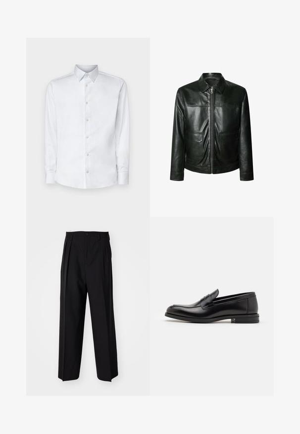 Giacca in pelle nera con chiusura a zip, due tasche frontali e colletto tailored. Texture liscia con dettagli di cucitura a vista.; Maglione beige a coste con scollo a V e maniche lunghe. Ha una vestibilità rilassata e un tessuto con texture per maggiore calore e comfort.; Camicia bianca a maniche lunghe realizzata in tessuto morbido, con colletto classico, chiusura con bottoni e polsini con bottoni, mostrata su uno sfondo semplice.; Pantaloni neri a pieghe con un design dritto e gamba larga. Realizzati in tessuto morbido, con chiusura a bottone e passanti per cintura.; Mocassini neri in pelle con una texture liscia, punta arrotondata e una striscia decorativa sulla tomaia. Tacco basso impilato, design minimalista.