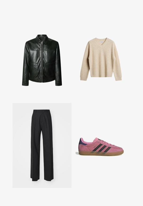 Giacca in pelle nera con chiusura a zip, due tasche frontali e colletto tailored. Texture liscia con dettagli di cucitura a vista.; Maglione beige a coste con scollo a V e maniche lunghe. Ha una vestibilità rilassata e un tessuto con texture per maggiore calore e comfort.; T-shirt bianca a maniche lunghe realizzata in morbido cotone. Collo a girocollo con orli dritti e senza motivi o grafiche visibili.; DSQUARED2 ICON ICON PANT - Pantaloni - black; Sneaker in suede rosa con strisce nere, suola in gomma e tallone texturizzato viola. Presenta un design con lacci e un marchio in rilievo sul lato.