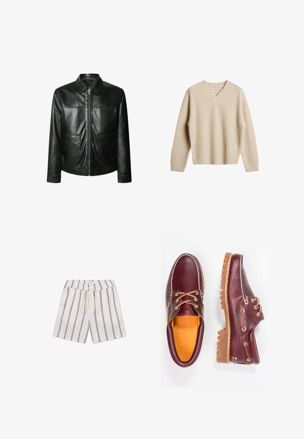 Crna kožna jakna s zatvaranjem na cik-cak, dva prednja džepa i skrojeni kragnom. Glatka tekstura s vidljivim detaljima šivanja.; Bežani, rebrasti pleteni džemper s V-izrezom i dugim rukavima. Ima opušteni kroj i teksturirani materijal za dodatnu toplinu i udobnost.; Bijela majica kratkih rukava od pamuka, s okruglim izrezom i opuštenim krojem. Tkanina ima glatku, ravnomjernu teksturu.; Pamučne kratke hlače u krem boji s mornarskoplavim okomitim prugama. Imaju elastični pojas i dršku za prilagodljivo stajanje.; Burgundske kožne cipele s smešnim gumenim potplatima, okruglim vrhom, bijelim šavovima i zlatnim rupama za vezivanje. Unutrašnjost ima žutu podstavu.