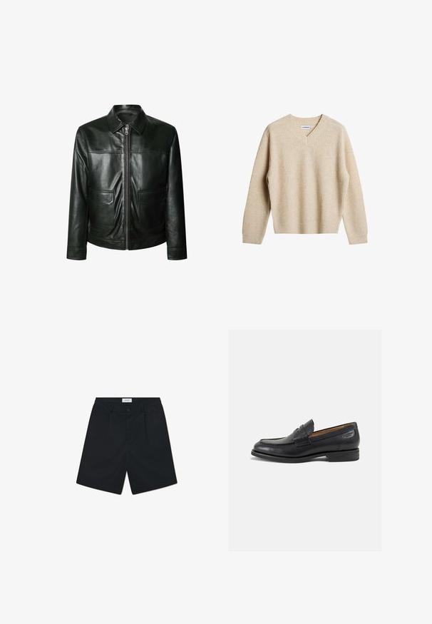 Musta nahkatakki, jossa on vetoketjusuljenta, kaksi etupoketta ja muotoiltu kaulus. Tasainen pinta, jossa näkyvät ompeluyksityiskohdat.; Beige, ribbed knit-pusero, jossa on V-mallinen kaula-aukko ja pitkät hihat. Ominaisuuksiin kuuluu rento istuvuus ja teksturoitu kangas lisälämpöä ja mukavuutta varten.; Valkoinen puuvillapaita, jossa on pyöreä kaula-aukko, lyhyet hihat ja rento leikkaus. Kauluksessa on merkkilapuke, jossa lukee "WEEKDAY".; Mustat shortsit, jotka on valmistettu sileästä kankaasta. Ominaisuuksiin kuuluvat nappilukitus, kaksi etupleinaa ja normaali vyötärö.; Mustat nahkaloaferit, joissa on sileä pinta, pyöreä varvas ja koristeompeleet varpaansuojassa. Matala pinottu korko ja hieno kiilto.