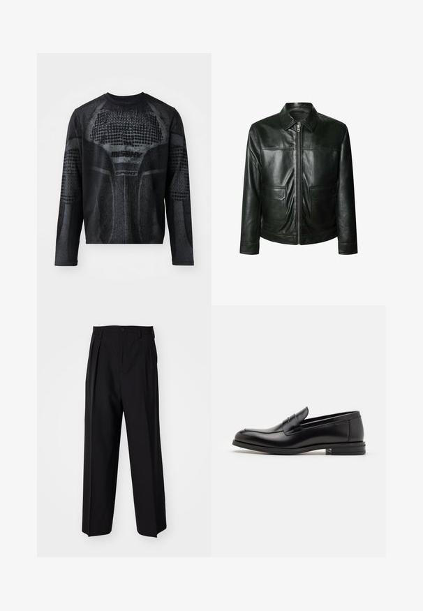 Schwarze Lederjacke mit Reißverschluss, zwei Vorder- taschen und maßgeschneidertem Kragen. Glatte Textur mit sichtbaren Nahtdetails.; Beige, gerippter Strickpullover mit V-Ausschnitt und langen Ärmeln. Bietet eine lockere Passform und eine strukturierte Oberfläche für zusätzliche Wärme und Komfort.; Schwarzes, langärmliges Sportshirt mit einem strukturierten grafischen Druck in Dunkelgrau, mit dem Branding "MISHV" und "SPORT" auf der Vorderseite.; Schwarze, plissierte Hose mit geradem, weitem Bein. Hergestellt aus glattem Stoff, mit Knopfverschluss und Gürtelschlaufen.; Schwarze Lederloafers mit glatter Textur, rundem Zehenbereich und einem dekorativen Riemen über dem Vorderfuß. Niedriger, gestapelter Absatz, minimalistisches Design.