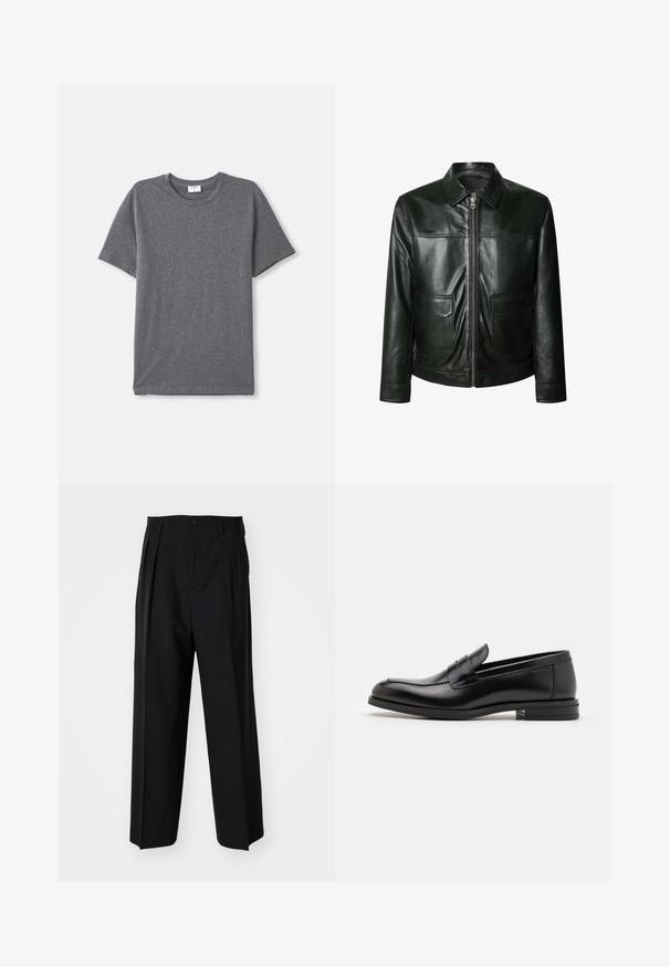 Black leather jacket featuring a zip closure, two front pockets, and a tailored collar. Smooth texture with visible stitching details.; Beige, ribbed knit sweater with a V-neck and long sleeves. Features a relaxed fit and textured fabric for added warmth and comfort.; Gray short-sleeve t-shirt made of soft, smooth fabric. Classic crew neckline with a relaxed fit and no prominent design features.; Black pleated trousers with a straight, wide-leg design. Made from smooth fabric, featuring a button closure and belt loops.; Black leather loafers with a smooth texture, rounded toe, and a decorative strap across the vamp. Low stacked heel, minimalist design.