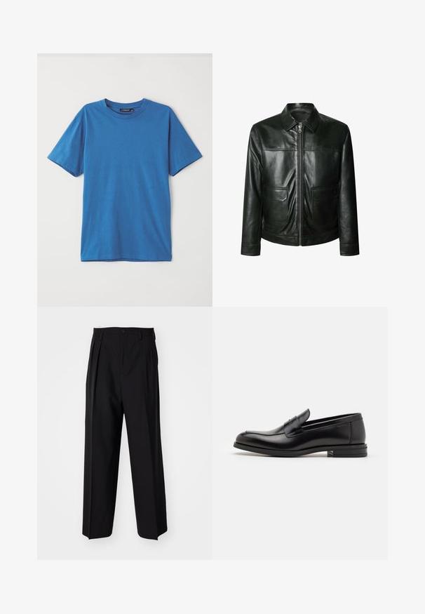 Sort læderjakke med lynlås, to frontlommer og skræddersyet krave. Glat tekstur med synlige syninger.; Beige, ribbet striktrøje med V-hals og lange ærmer. Har en afslappet pasform og tekstureret stof for ekstra varme og komfort.; Blå bomulds t-shirt med korte ærmer, rund hals og en glat tekstur. Uden mønstre eller accenter. Enkel, klassisk design.; Sorte plisserede bukser med et lige, bred ben-design. Fremstillet af glat stof, med en knaplukning og bæltesløjfer.; Sorte læderloafers med en glat overflade, rund tå og en dekorativ strop over vampen. Lav hæl med stabeldesign, minimalistisk stil.