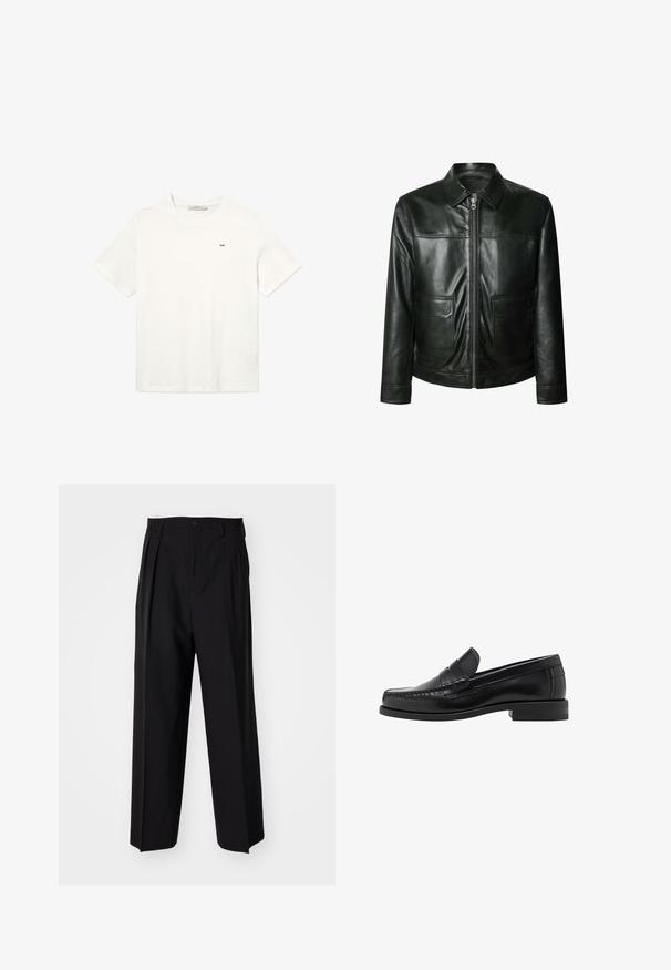 Czarna skórzana kurtka z zapięciem na zamek, dwoma przednimi kieszeniami i dopasowanym kołnierzem. Gładka faktura z widocznymi detalami szwów.; Beżowy, prążkowany sweter z dekoltem w serek i długimi rękawami. Posiada luźny krój oraz teksturowany materiał, co zapewnia dodatkowe ciepło i komfort.; Biała bawełniana koszulka z krótkimi rękawami, okrągłym dekoltem i małym czarnym logo na piersi. Prosty, nieozdobiony design.; Czarne plisowane spodnie o prostym, szerokim kroju nogawek. Wykonane z gładkiego materiału, z zapięciem na guzik i pętelkami na pasek.; Czarne skórzane mokasyny o gładkim wykończeniu, ze stębnowaniem na nosie i niskim obcasem, zapewniającymi komfort i styl.