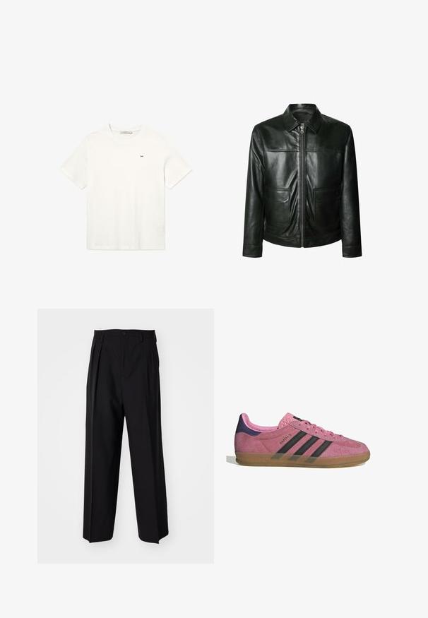 Črna usnjena jakna s zadrgo, dvema sprednjima žepoma in prilagojenim ovratnikom. Gladko teksturo z vidnimi šivi.; Bež pulover z rebrastim pletenjem, z V-izrezom in dolgimi rokavi. Ima sproščen kroj in strukturirano tkanino za dodatno toplino in udobje.; Bela bombažna majica s kratkimi rokavi, okroglim izrezom in majhnim črnim logotipom na prsih. Preprost, neokrašen dizajn.; Črne nabirane hlače s ravnim, širokim krojem. Narejene so iz gladkega materiala in imajo zadrgo ter pasne zanke.; Roza semišna tenisača z črnimi stripe, gumijastim podplatom in teksturiranim vijoličastim petnim delom. Ima vezalni dizajn in embosirano blagovno znamko na strani.