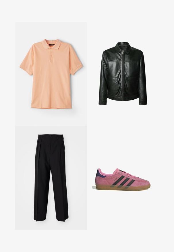 Juodas odinis švarkas su užtrauktuku, dviem priekinėmis kišenėmis ir pritaikytu apykakle. Lygus paviršius su matomomis siuvimo detalėmis.; Bežinis, rifliuotas megztinis su V formos iškirpte ir ilgomis rankovėmis. Turi laisvą siluetą ir tekstūruotą audinį, suteikiantį papildomą šilumą ir komfortą.; Persikas polosmaras, pagamintas iš medvilnės. Turi klasikinį apykaklę, trumpus rankovės ir subtilų logotipą ant krūtinės. Minkšta tekstūra, paprastas dizainas.; Juodi klostuoti kelnių, su tiesiu, plačiu kojų dizainu. Pagaminti iš lygios medžiagos, su mygtukų uždarymu ir diržo kilputėmis.; Rožiniai suediniai sportbačiai su juodomis juostelėmis, gumos padas ir tekstūruotas purpurinis kulnas. Yra šnarančios auselės ir įspaustas prekės ženklas šone.