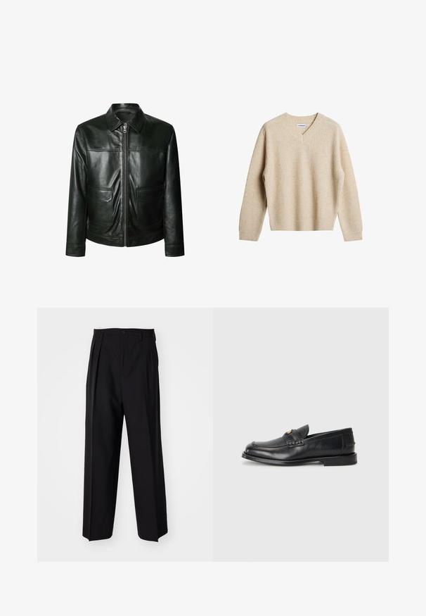Giacca in pelle nera con chiusura a zip, due tasche frontali e colletto tailored. Texture liscia con dettagli di cucitura a vista.; Maglione beige a coste con scollo a V e maniche lunghe. Ha una vestibilità rilassata e un tessuto con texture per maggiore calore e comfort.; Pantaloni neri a pieghe con un design dritto e gamba larga. Realizzati in tessuto morbido, con chiusura a bottone e passanti per cintura.; Mocassini in pelle nera con punta rotonda, dettagli cuciti e una piccola accentuazione dorata sul davanti. La suola è piatta e discreta.