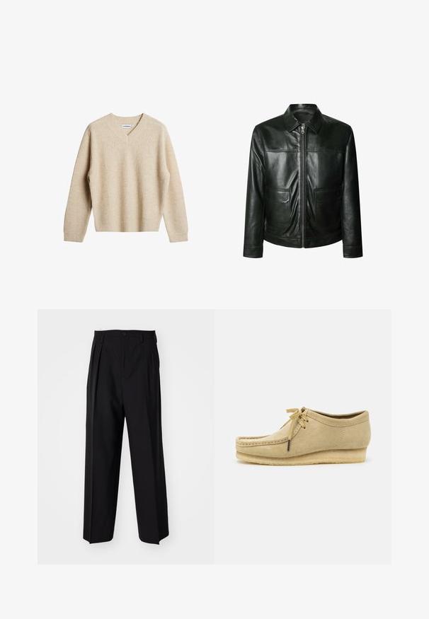 Juodas odinis švarkas su užtrauktuku, dviem priekinėmis kišenėmis ir pritaikytu apykakle. Lygus paviršius su matomomis siuvimo detalėmis.; Bežinis, rifliuotas megztinis su V formos iškirpte ir ilgomis rankovėmis. Turi laisvą siluetą ir tekstūruotą audinį, suteikiantį papildomą šilumą ir komfortą.; Baltas trumpomis rankovėmis medvilninis marškinėlis, su apvalia kaklo iškirpte ir laisvu kirpimu. Audinys yra lygus ir vientisos tekstūros.; Juodi klostuoti kelnių, su tiesiu, plačiu kojų dizainu. Pagaminti iš lygios medžiagos, su mygtukų uždarymu ir diržo kilputėmis.; Bežiniai zomšiniai batai su raištelių užsegimu, siuvinėjimo detalėmis ir guminiais padais. Forma yra kasdieniška su nedideliu pakulniu.