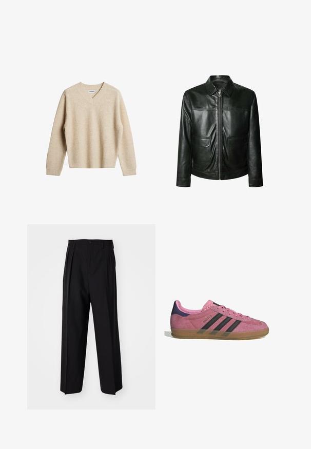 Jachetă din piele neagră, cu închidere cu fermoar, două buzunare frontale și guler croit. Textură netedă cu detalii de coasere vizibile.; Pulover bej, tricotat, cu guler în V și mâneci lungi. Are o croială lejeră și țesătură texturată pentru un plus de căldură și confort.; Tricou alb cu mâneci scurte, din bumbac, cu decolteu rotund și croială lejeră. Țesătura are o textură netedă și uniformă.; Pantaloni negri plisat cu un design drept și pantaloni largi. Construiți dintr-un material neted, prevăzuți cu închidere cu nasture și bucle pentru curea.; Tenisi roz din suede cu dungi negre, talpă din cauciuc și toc texturat violet. Prezintă un design cu șireturi și un logo embosat pe lateral.