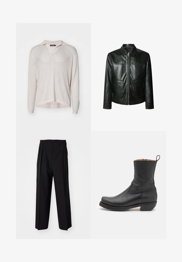 Jachetă din piele neagră, cu închidere cu fermoar, două buzunare frontale și guler croit. Textură netedă cu detalii de coasere vizibile.; Pulover tricotat cu mânecă scurtă, de culoare bej deschis, cu decolteu în V și guler. Prezintă o textură ribbed și o croială lejeră, cu tiv tăiat.; Pantaloni negri plisat cu un design drept și pantaloni largi. Construiți dintr-un material neted, prevăzuți cu închidere cu nasture și bucle pentru curea.; Botină neagră din piele cu o textură netedă, profil subțire, cusături laterale și toc pătrat mic. Are o buclă de prindere în partea din spate.
