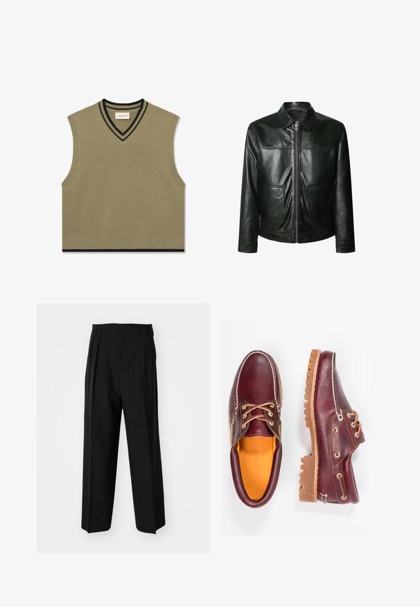 Čierna kožená bunda s uzáverom na zips, dvoma prednými vreckami a tvarovaným golierom. Hladká textúra s viditeľnými švovými detailmi.; Bezrukávový sveter s v-výstrihom v olivovo zelenej farbe s rebrovaným vzorom, ktorý má čierne pruhy ako akcenty na golieri a dolnom okraji.; Čierne skladané nohavice s rovnom, širokým strihom. Vyrobené z hladkého materiálu, s gombíkovým zapínaním a pútkami na opasok.; Bordové kožené topánky s hnedými gumovými podrážkami, okrúhlou špičkou, bielym prešívaním a zlatými kovaniami. Interiér má žlté podšívku.