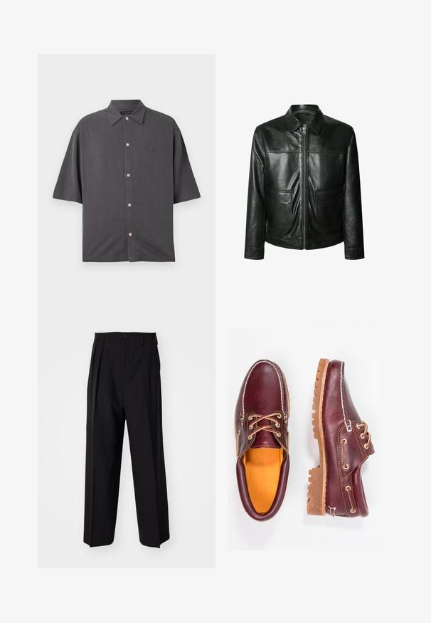 Černá kožená bunda s zipovým uzávěrem, dvěma předními kapsami a upraveným límcem. Hladká textura s viditelnými švy.; Krátký rukáv, košile v tmavě šedé barvě vyrobená z měkké látky. Obsahuje tradiční límec, růžové knoflíky a decentní vyšívané logo na hrudi.; Bílý bavlněný tričko s kulatým výstřihem, krátkými rukávy a volnějším střihem. Na výstřihu je štítek s nápisem "WEEKDAY".; Černé skládací kalhoty s rovnými, širokými nohavicemi. Vyrobené z hladké tkaniny, se zapínáním na knoflík a poutky na opasek.; Burgundské kožené boty s hnědými gumovými podrážkami, kulatou špičkou, bílým prošíváním a zlatými očky. Interiér obsahuje žlutou podšívku.