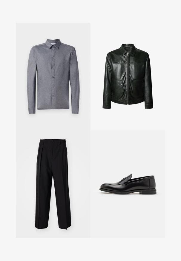 Črna usnjena jakna s zadrgo, dvema sprednjima žepoma in prilagojenim ovratnikom. Gladko teksturo z vidnimi šivi.; Sivá dolgorna majica s kratkimi rokavi in klasičnim ovratnikom, izdelana iz lahkega, teksturiranega blaga, s šestimi sprednjimi gumbi.; Bela bombažna majica s kratkimi rokavi in okroglim ovratnikom ter sproščenim krojem. Ima blagovno znamko "WEEKDAY" na ovratu.; Črne nabirane hlače s ravnim, širokim krojem. Narejene so iz gladkega materiala in imajo zadrgo ter pasne zanke.; Črne usnjene loafer čevlje z gladko teksturo, zaobljenim nosom in dekorativnim trakom čez zgornji del. Nizka zložena peta, minimalističen dizajn.