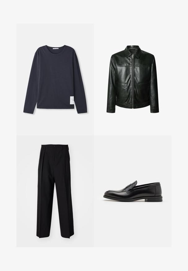 Schwarze Lederjacke mit Reißverschluss, zwei Vorder- taschen und maßgeschneidertem Kragen. Glatte Textur mit sichtbaren Nahtdetails.; Langärmliges T-Shirt mit Rundhalsausschnitt aus dunkelblauem Baumwollstoff mit weicher Textur, das an der linken Seite ein kleines weißes Etikett trägt.; Schwarze, plissierte Hose mit geradem, weitem Bein. Hergestellt aus glattem Stoff, mit Knopfverschluss und Gürtelschlaufen.; Schwarze Lederloafers mit glatter Textur, rundem Zehenbereich und einem dekorativen Riemen über dem Vorderfuß. Niedriger, gestapelter Absatz, minimalistisches Design.