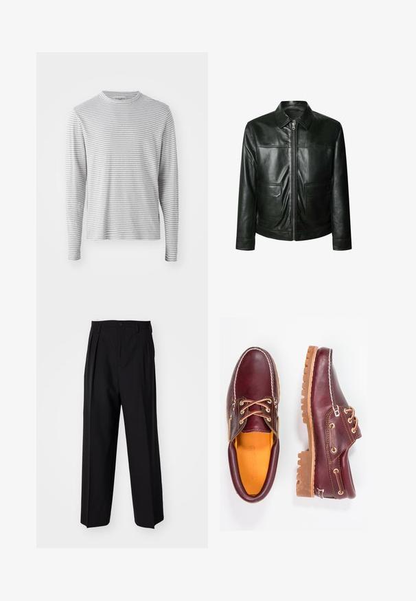 Juodas odinis švarkas su užtrauktuku, dviem priekinėmis kišenėmis ir pritaikytu apykakle. Lygus paviršius su matomomis siuvimo detalėmis.; Šviesiai pilkos spalvos ilgomis rankovėmis marškiniai su plonomis horizontaliomis juostelėmis. Apvalus kaklas, minkšta medžiaga ir laisvas siluetas. Nėra matomų detalių ar akcentų.; Juodi klostuoti kelnių, su tiesiu, plačiu kojų dizainu. Pagaminti iš lygios medžiagos, su mygtukų uždarymu ir diržo kilputėmis.; Burgundi odiniai bateliai su rudais guminiais padais, apvaliu pirštu, balta siūle ir auksiniais inkarais. Interjere yra geltonas pamušalas.