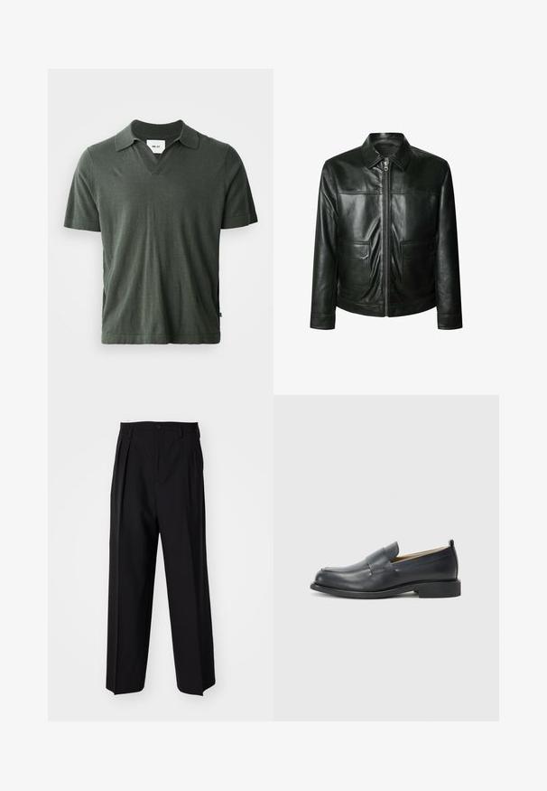 Černá kožená bunda s zipovým uzávěrem, dvěma předními kapsami a upraveným límcem. Hladká textura s viditelnými švy.; Tmavě zelená polokošile s krátkým rukávem a véčkovým výstřihem, vyrobená z měkké tkaniny, s rovnym lemem a bočními rozparky pro pohodlí.; Černé skládací kalhoty s rovnými, širokými nohavicemi. Vyrobené z hladké tkaniny, se zapínáním na knoflík a poutky na opasek.; Černé kožené mokasíny s hladkým povrchem, plochou podrážkou a zaoblenou špičkou, zdobené páskem přes svršek.