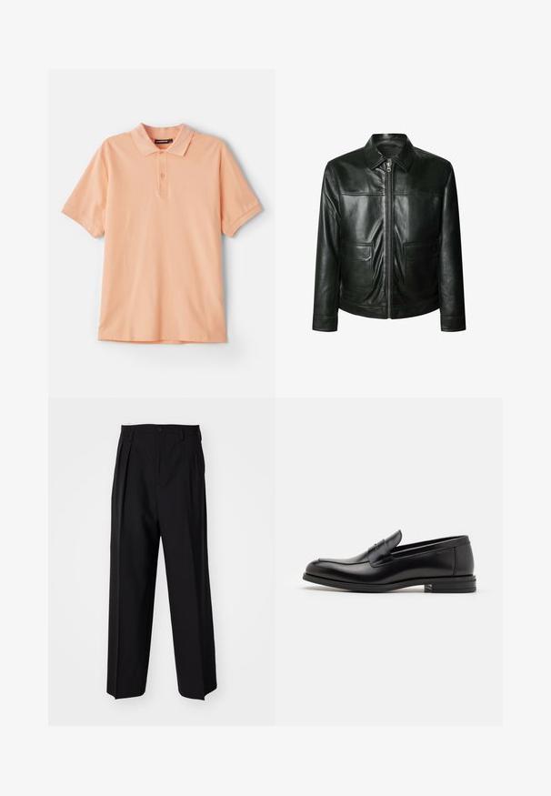 Zwarte leren jas met ritsluiting, twee voorzakken en een getailleerde kraag. Glad oppervlak met zichtbare stikdetails.; Perzikkleurige polo shirt van katoen. Beschikt over een klassieke kraag, korte mouwen en een subtiel logo op de borst. Zachte textuur, eenvoudig ontwerp.; Zwarte geplooide broeken met een rechte, brede pijpontwerp. Gemaakt van soepele stof, met een knoopsluiting en riemlussen.; Zwarte leren instappers met een gladde textuur, ronde neus en een decoratieve band over de wreef. Lage, gestapelde hak en minimalistisch ontwerp.