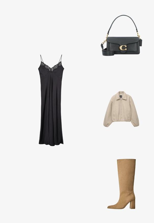 Beige zkrácená bunda se zipovým uzávěrem, širokým límcem a elastickými manžetami. Vyrobena z měkké tkaniny, se dvěma předními kapsami.; Černé saténové šaty na ramínka s nastavitelnými špagetovými popruhy a krajkovým lemem kolem výstřihu, s tekoucí a hladkou strukturou.; Tan semišové kozačky po kolena s blokovým podpatkem, s špičatou špičkou a hladkým povrchem. Minimalistický design bez zdobení.; Černá kožená kabelka se zlatým kováním, s podpisovým zapínáním, odnímatelným ramenním popruhem a texturovaným povrchem.