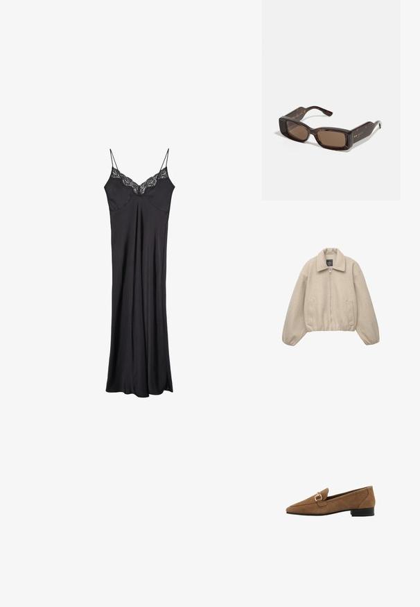 Veste cropped beige avec fermeture éclair, large col et poignets élastiqués. Fabriquée en tissu doux avec deux poches avant.; Robe nuisette en satin noir avec des bretelles spaghetti réglables et une dentelle le long de l'encolure, présentant une texture fluide et douce.; Mocassins en suede marron à bout pointu, avec une accentuation en boucle dorée et un petit talon noir. Texture simple et lisse, design classique.; Lunettes de soleil Gucci avec des verres bruns rectangulaires, une monture en acétate écaille de tortue et des détails en or avec le logo sur les branches.