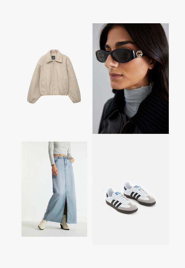 Beige zkrácená bunda se zipovým uzávěrem, širokým límcem a elastickými manžetami. Vyrobena z měkké tkaniny, se dvěma předními kapsami.; Tmavě šedé žebrované tričko s dlouhým rukávem a širokým límcem a hlubokým výstřihem do V, položené na bílé pozadí.; Světle modrá denimová maxi sukně s předním rozparkem, vysokým pasem a třásněmi na spodním lemu, v kombinaci s bílými vysokými kotníkovými botami.; Sportovní boty s bílým koženým svrškem, šedou semišovou špičkou a třemi černými pruhy. Obsahují modré logo na jazyku a texturovanou gumovou podrážku.; Černé sluneční brýle s elegantním obdélníkovým rámem a zlatým logem na boční straně. Tmavé čočky a lesklý povrch jsou výrazné.; Béžová kožená kabelka s měkkou texturou, obdélníkovým tvarem, zipem nahoře a zlatým řetízkem. Minimalistický design a neutrální barva.