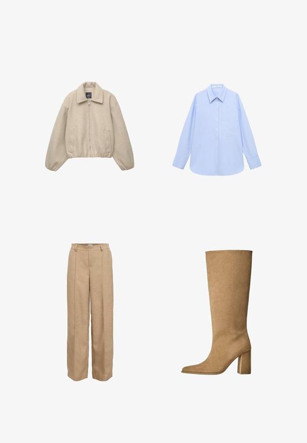 Beige kurze Jacke mit Reißverschluss, breitem Kragen und elastischen Bündchen. Hergestellt aus weichem Stoff mit zwei Fronttaschen.; Hellblaues Langarmhemd mit button-down Kragen, einer Brusttasche und einem lockeren Schnitt. Glatte Stoffstruktur und klassisches Design.; Beige weite Beinkleider aus strukturierter Stoff. Verfügt über einen elastischen Bund und zwei frontale Falten für zusätzlichen Stil.; Hellbraune Wildleder-Stiefel bis zum Knie mit Blockabsatz, spitz zulaufender Zehenform und glatter Textur. Minimalistisches Design ohne Verzierungen.