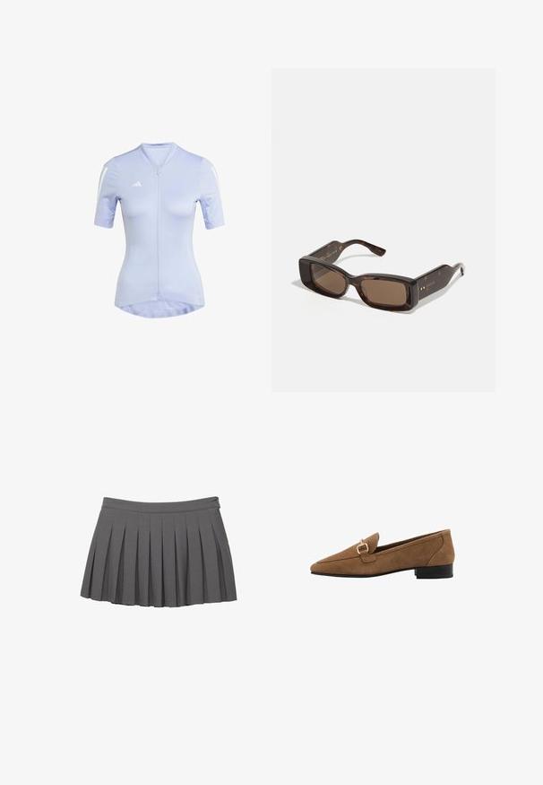 Veste cropped beige avec fermeture éclair, large col et poignets élastiqués. Fabriquée en tissu doux avec deux poches avant.; T-shirt de sport bleu clair avec des manches courtes, fermeture éclair sur le devant et rayures blanches aux épaules. Fabriqué dans un tissu lisse et extensible pour les activités sportives.; Jupe mini plissée grise avec une taille boutonnée et un petit logo orné sur le côté droit.; Mocassins en suede marron à bout pointu, avec une accentuation en boucle dorée et un petit talon noir. Texture simple et lisse, design classique.; Lunettes de soleil Gucci avec des verres bruns rectangulaires, une monture en acétate écaille de tortue et des détails en or avec le logo sur les branches.; Sac à main en cuir noir au design structuré, avec anses supérieures, une bandoulière amovible et des garnitures en ton doré sur une fermeture magnétique.