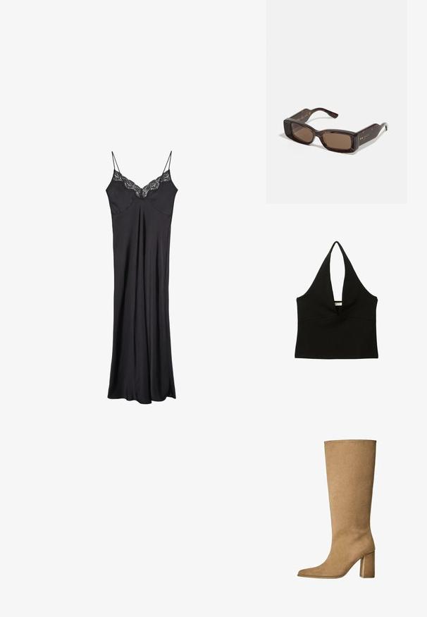 Beige lyhyt takki, jossa on vetoketju, leveä kaulus ja joustavat hihansuut. Valmistettu pehmeästä kankaasta, jossa on kaksi etutaskua.; Mustat halterneck-topit syvällä V-pääntiellä. Valmistettu sileästä kankaasta, siinä on tiukka siluetti ja siisti helma. Ei hardwarea tai koristeita.; Musta satiini liukupuku, jossa on säädettävät spagettiolkaimet ja pitsireunus kaula-aukossa, sekä virtaava ja sileä rakenne.; Vaaleanruskeat mokka pitkävartiset saappaat, joissa on loiva korko, terävä kärki ja sileä pinta. Minimalistinen muotoilu ilman koristeita.; Gucci aurinkolasit, joissa on suorakaiteen muotoiset ruskeat linssit, kilpikonnakuosiset asetaatin kehykset ja kultaiset logotempaimet.
