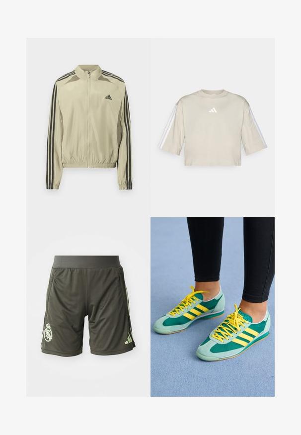 Bež jakna na patentni zatvarač sa stojećim ovratnikom, crnim prugama na rukavima i elastičnim naboranim rubom. Na prsima se nalazi Adidas logo.; Skraćeni bež majica od mekog pamuka. Ima okrugli izrez, oversized kratke rukave i tri bijele pruge na oba rukava.; Tamnozelene atletske kratke hlače s elastičnim pojasom, sa bočnim džepovima i svijetlozelenim logotipom na donjoj lijevoj nozi.; Zelene i tirkizne sportske tenisice s žutim vezicama i tri žute pruge. Izrađene od suede i mrežastih materijala, s gumenim potplatima i dizajnom niskog profila.