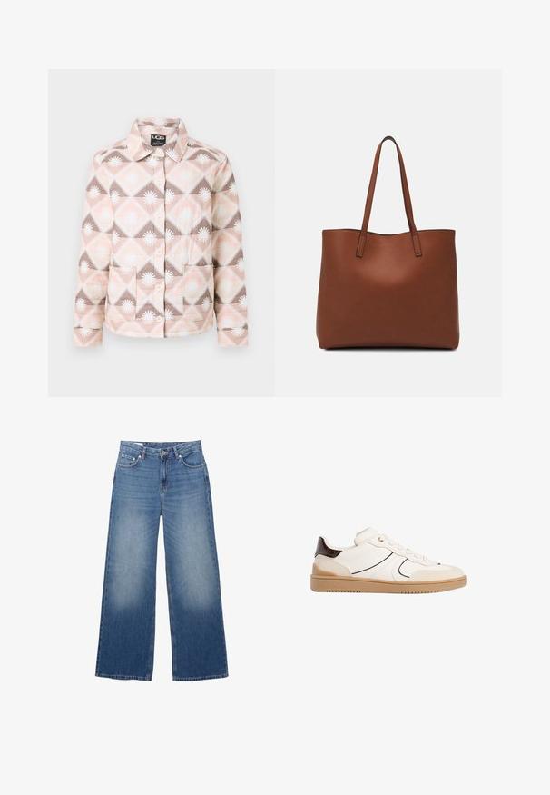 Prešívaná bunda s geometrickým vzorom v ružovej, béžovej a hnedej farbe. Má golier, zapínanie na gombíky a dve predné vrecká.; Svetlo béžové tričko s krátkym rukávom a okrúhlym výstrihom, vyrobené z jemnej, hladkej tkaniny. Má voľný strih a rovný lem.; Džíny so širokými nohavicami, svetlomodré, s vyblednutým vzhľadom, piatimi vreckami a gombíkovým zapínaním v páse. Bavlnený materiál, rovný strih.; Stradivarius Tenisky - white; Hnedá kožená taška na rameno s hladkou textúrou, otvoreným vrchom a dvoma ramenými popruhmi. Má minimálne šitia a žiadne viditeľné kovania.