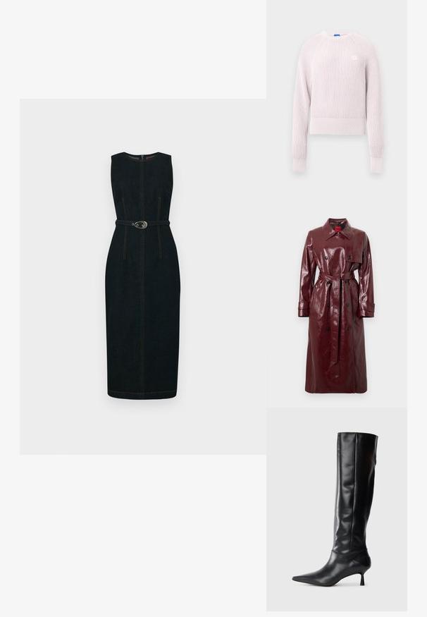Glänzender Trenchcoat in Burgunderrot mit tailliertem Gürtel, doppelreihiger Knopfleiste, großem Kragen und zwei Vorder pockets. Glatte, glänzende Textur.; Hellrosa kurzer Pullover mit gerippter Struktur, rundem Ausschnitt und langen Ärmeln. Mit kleinem Logo auf der Brust.; Dunkles ärmelloses Jeanskleid mit taillierter Passform, einem passenden Gürtel mit einer runden silbernen Schließe und kontrastierenden Nahtdetails.; Schwarze Lederstiefel bis zum Knie mit spitzem Zehenbereich und schmalem, geschwungenem Absatz. Glatte Textur, enganliegendes Design und keine sichtbaren Beschläge oder Muster.