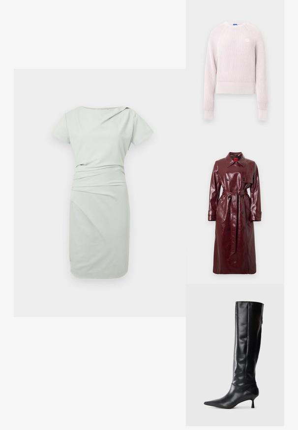 Burgundi värvi läikiv trentšmantel vööga, kahe rinnaga esiosaga, suure kraega ja kahe esetaskuga. Sile, läikiv tekstuur.; heleroosa lühike kampsun soonilise tekstuuriga, ümara kaelusega ja pikkade varrukatega. Esiküljel väike logo.; Hele roheline põlvekohale ulatuv kleit lühikeste varrukatega, asümmeetrilise kaelusega ja kokku rüüstatud kangaga detail vööl.; Must musta kõrge saabas terava ninaga ja sihvakate kaartega kontsadega. Sile tekstuur, keha vastav disain ja nähtava riistvarata või mustriteta.