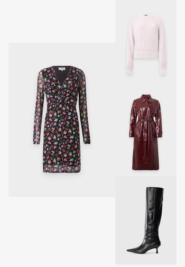 Gabardina brilhante bordô com cintura cingida por cinto, frente de abotoamento duplo, gola grande e dois bolsos frontais. Textura lisa e brilhante.; Camisola rosa claro curta com textura canelada, decote redondo e mangas compridas. Apresenta um pequeno logótipo no peito.; Vestido preto com mangas longas transparentes, estampa floral em vermelho, rosa e roxo, apresentando um detalhe frontal torcido e decote em V.; Bota preta de couro até ao joelho com bico fino e salto curvado e esguio. Textura suave, design ajustado e sem elementos metálicos ou padrões visíveis.