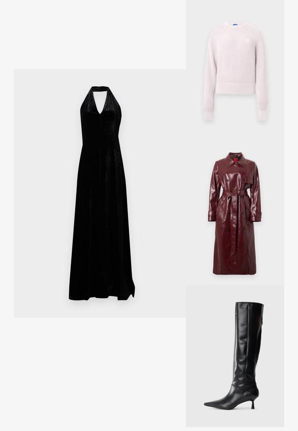 Burgundski sijajni plašč s pasom v pasu, dvoslojen sprednji del, velik ovratnik in dva sprednja žepa. Gladek, sijajen tekstur.; Ružičast roza skrajšan pulover z rebrasto teksturo, okroglim izrezom in dolgimi rokavi. Na prsih je majhen logotip.; Črna žametna obleka s halter vratnim izrezom in globokim V izrezom ter krilom do tal na enobarvni beli podlagi.; Črne usnjene škornje do kolen z ozkim nosom in vitkim, ukrivljenim peto. Gladka tekstura, prilegajoč dizajn in brez vidnih dodatkov ali vzorcev.