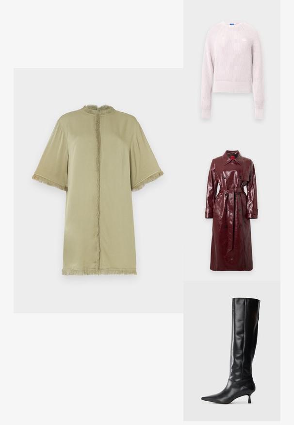 Burgundy glossy trench coat with a belted waist, double-breasted front, large collar, and two front pockets. Smooth, shiny texture.; Light pink cropped sweater with ribbed texture, round neckline, and long sleeves. Features a small logo on the chest.; Olive green short-sleeve top with a round neckline and fringe detailing along the front and sleeves. Made of soft fabric, relaxed fit.; Black leather knee-high boot with a pointed toe and slim curved heel. Smooth texture, fitted design, and no visible hardware or patterns.