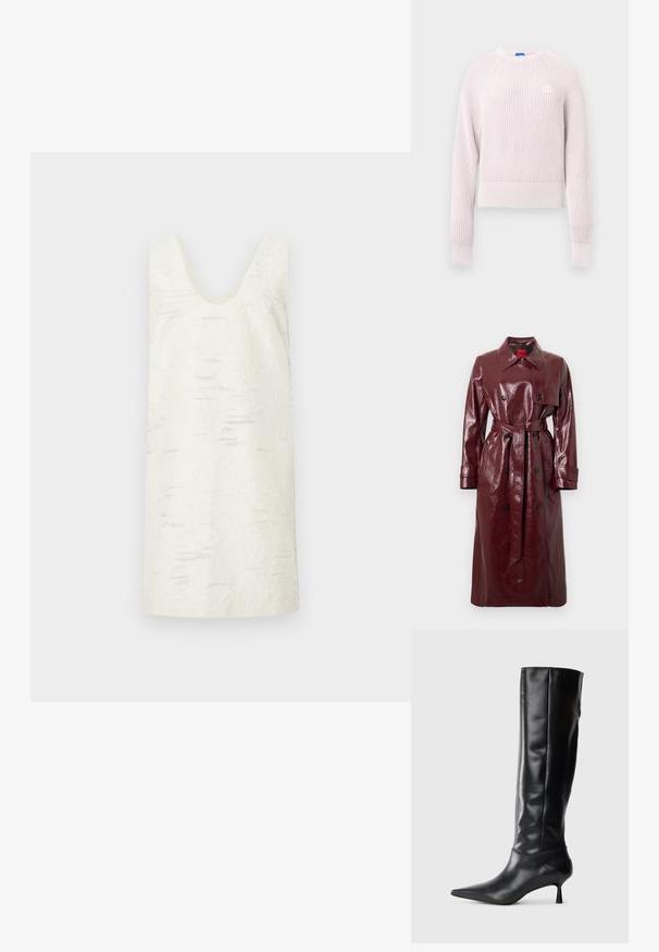 Gabardina brilhante bordô com cintura cingida por cinto, frente de abotoamento duplo, gola grande e dois bolsos frontais. Textura lisa e brilhante.; Camisola rosa claro curta com textura canelada, decote redondo e mangas compridas. Apresenta um pequeno logótipo no peito.; Vestido branco sem mangas com decote em forma de U, apresentando uma superfície texturizada com padrões sutis e irregulares. Material suave, até ao joelho.; Bota preta de couro até ao joelho com bico fino e salto curvado e esguio. Textura suave, design ajustado e sem elementos metálicos ou padrões visíveis.