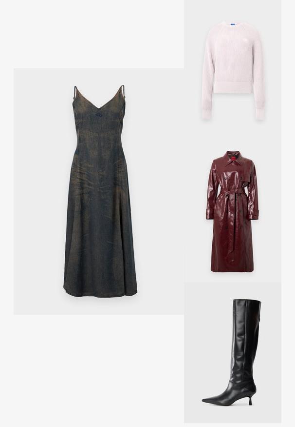Lesklý bordó trenčkot s páskem v pase, dvouřadým zapínáním, velkým límcem a dvěma předními kapsami. Hladká, lesklá textura.; Světlounce růžový zkrácený svetr s žebrovanou texturou, kulatým výstřihem a dlouhými rukávy. Na hrudi má malou logo.; Džínová šaty s výstřihem do V, tenkými ramínky a rozšířenou sukní. Materiál má vybledlou tmavě modrou barvu, odhalující jemné variace v textuře.; Černé kožené vysoké boty po kolena s špičatou špičkou a štíhlým zakřiveným podpatkem. Hladký povrch, přiléhavý design a žádné viditelné kování nebo vzory.
